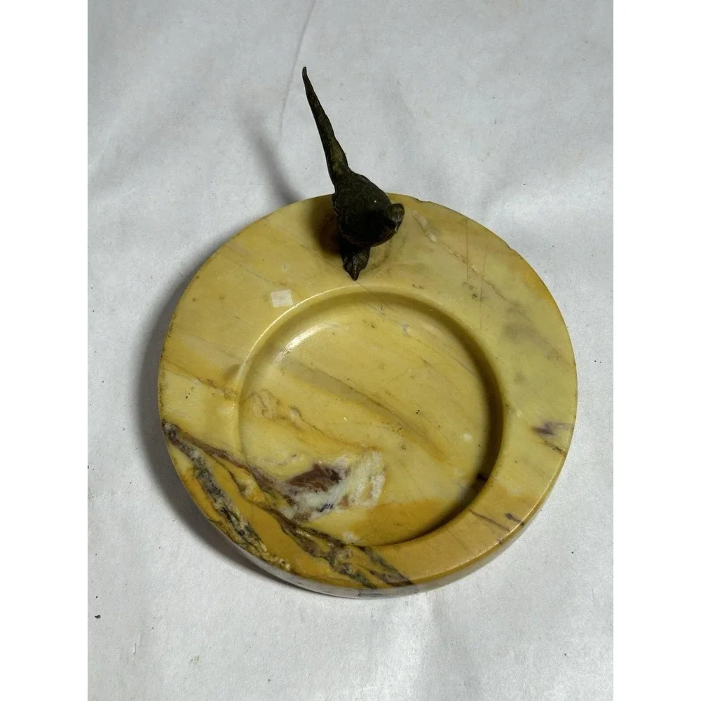 Vintage Art Deco Brass Pheasant Marble Figural Ashtray Trinket Dish Lodge Cabin